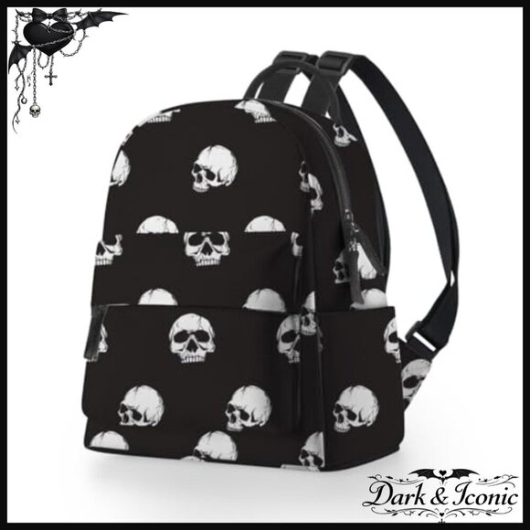 Mini Backpack Waterproof Small Daypack Multi Pocket Skull Print Women